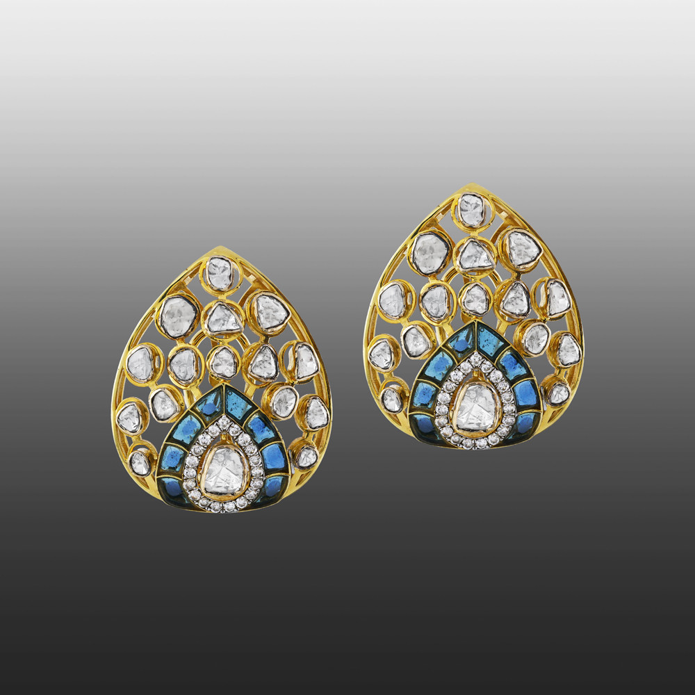 Teardrop Earrings with Polki Diamonds and Blue Talaf